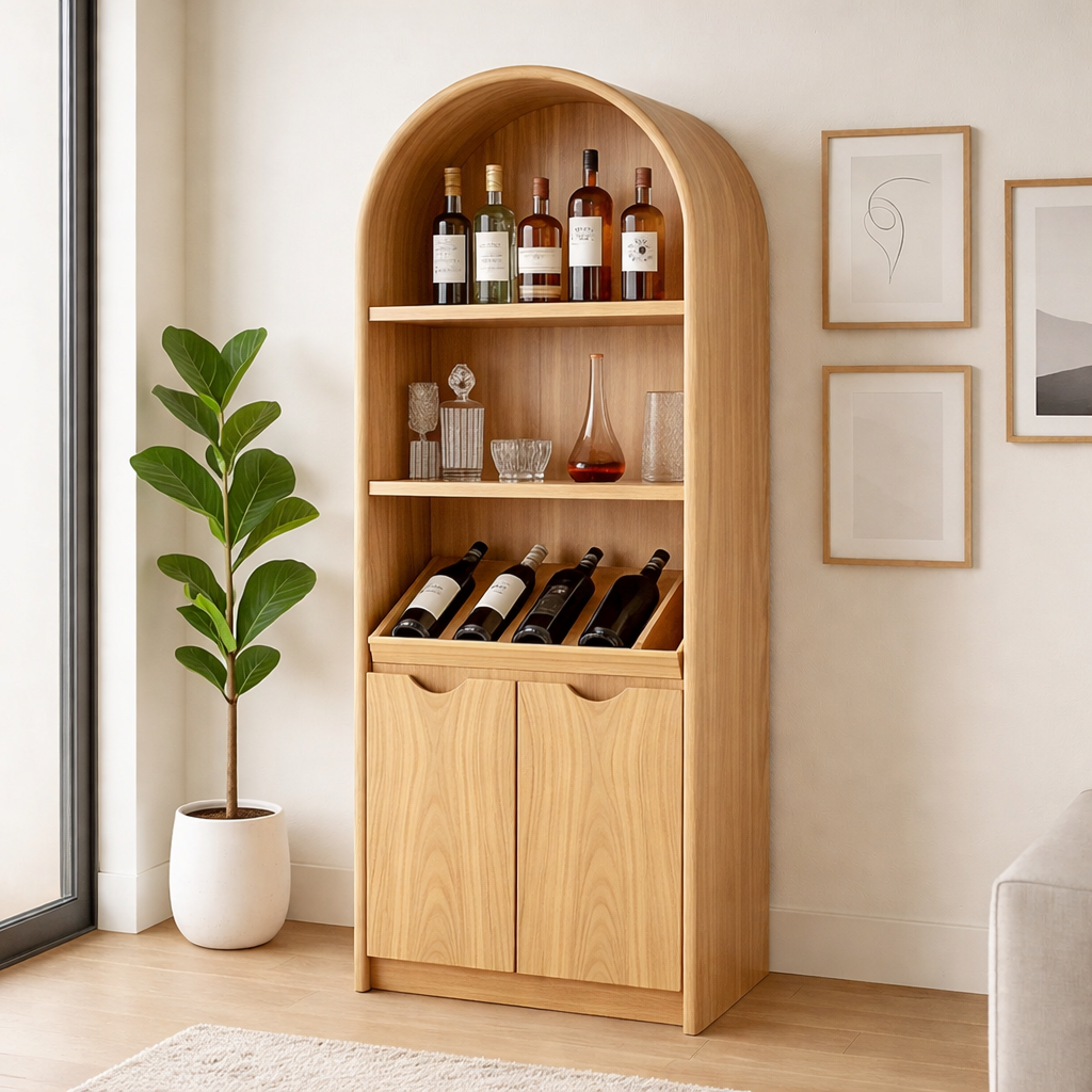 Solid Wood Arched Wine Storage Cabinet with Display Shelves and Bottle Organizer
