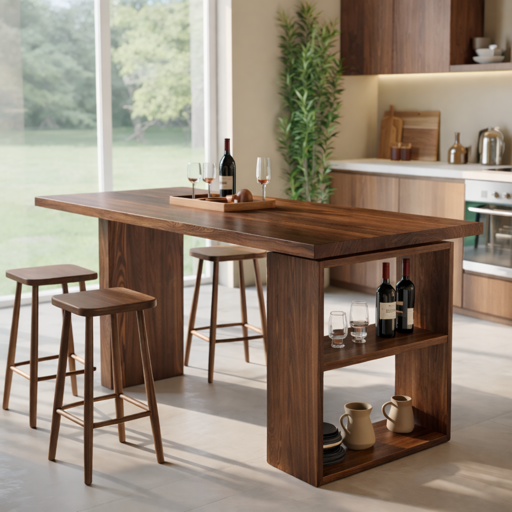 Modern Dining Table with Built-In Storage Shelf and Bar Seating, Contemporary Kitchen Island Table
