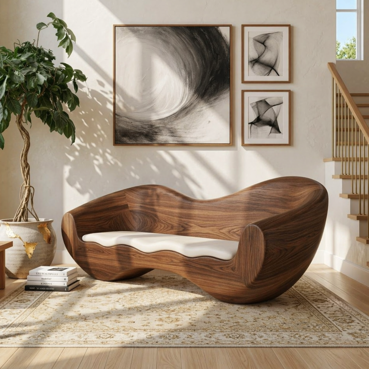 Modern Sculptural Curved Lounge Bench, Organic Minimalist Statement Furniture Piece