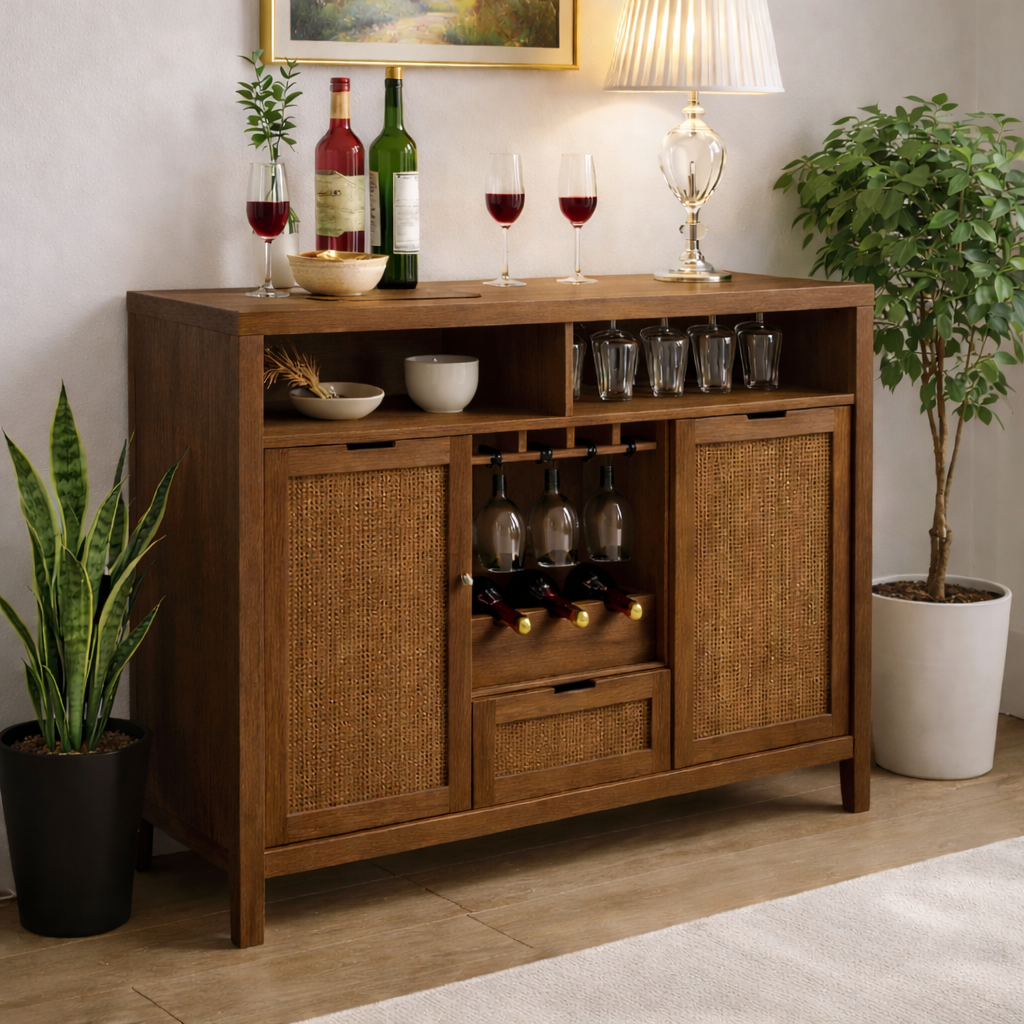 Solid Wood Wine Cabinet with Rattan Doors and Glass Rack Storage