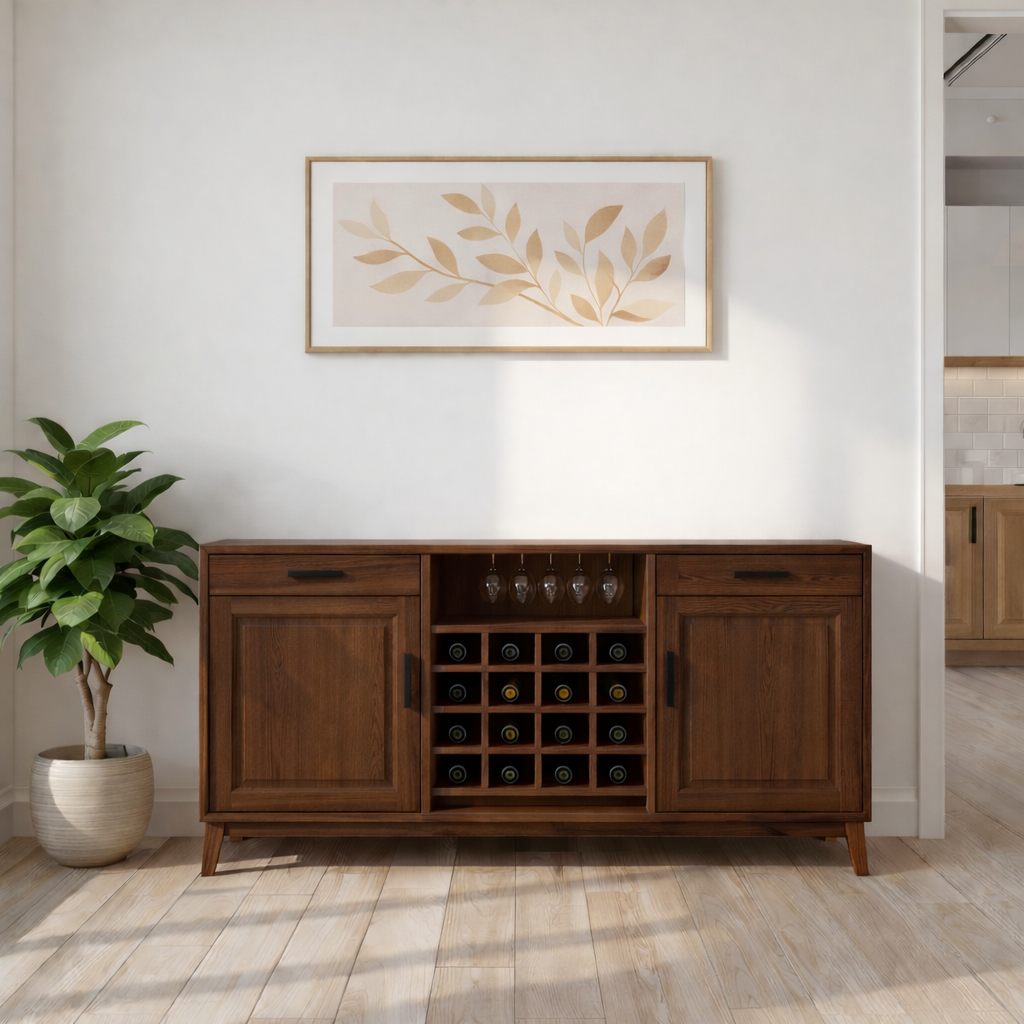 Mid Century Solid Wood Wine Cabinet with Bottle Rack and Glass Storage Sideboard