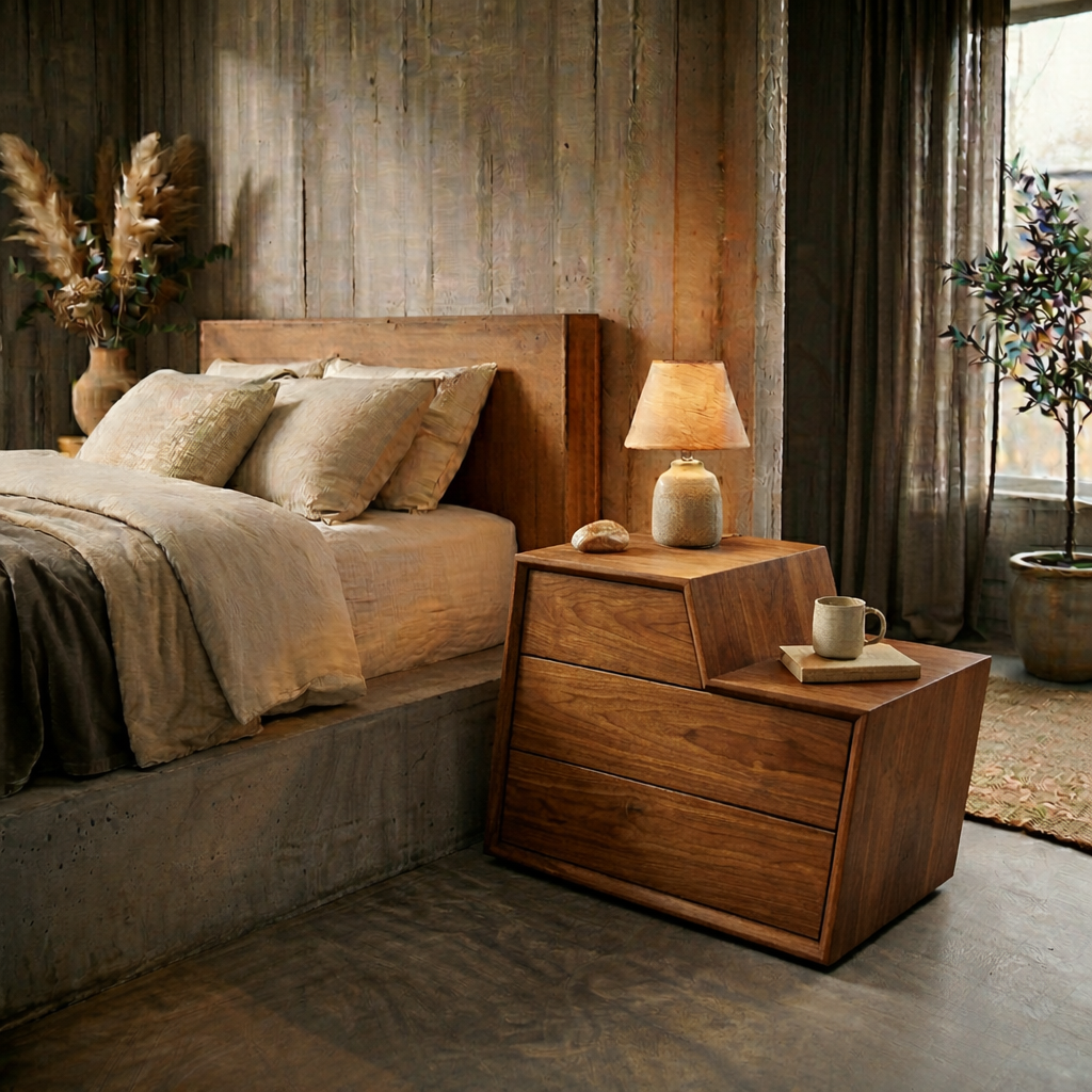 Solid Wood Nightstand with Drawer – Modern Rustic Bedside Table Storage