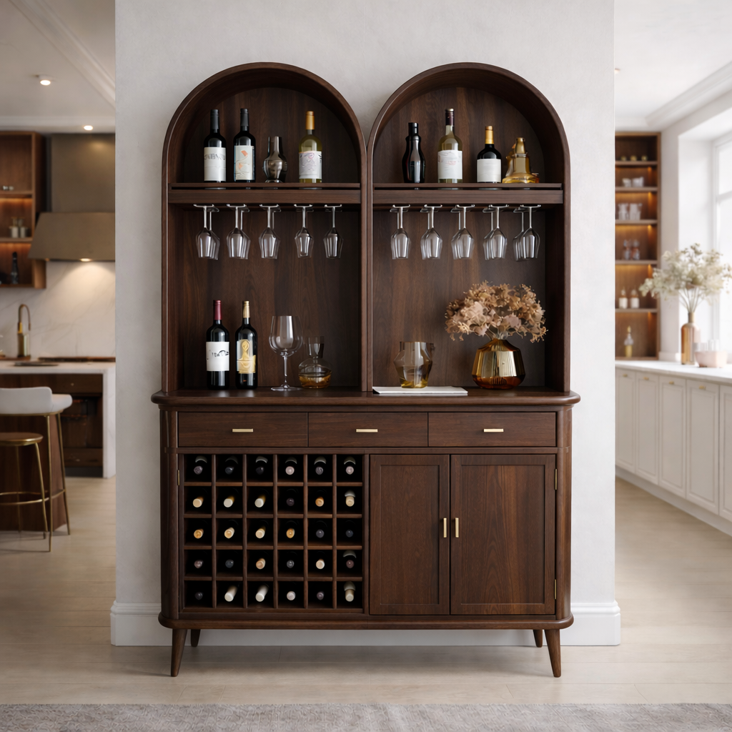 Solid Wood Arched Bar Cabinet with Wine Rack and Hanging Glass Storage
