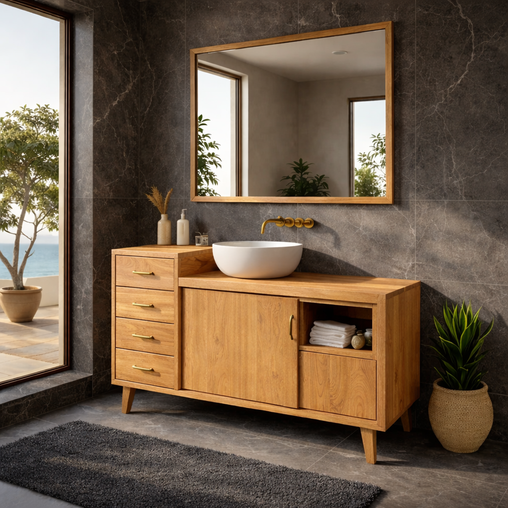 Solid Wood Bathroom Vanity with Drawers & Cabinet Storage β Mid Century Walnut Vanity