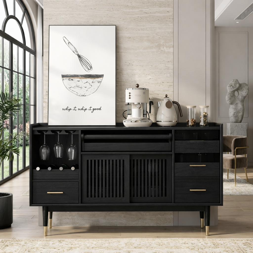 Luxury Modern Wooden Coffee Bar Cabinet, Fluted Sideboard with Wineglass Storage