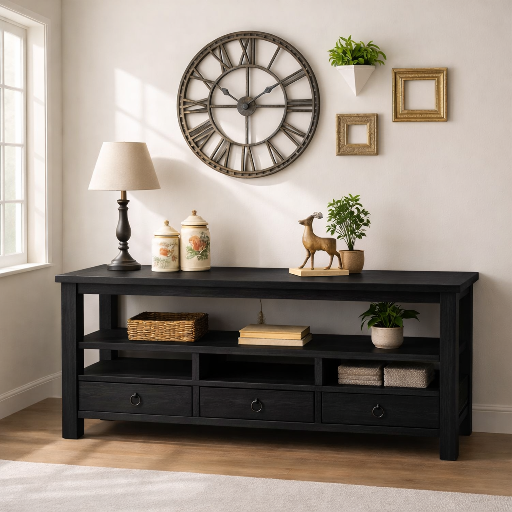 Solid Wood Console Table with Drawers, Rustic Oak Media Console Table with Open Shelves Kitchnce