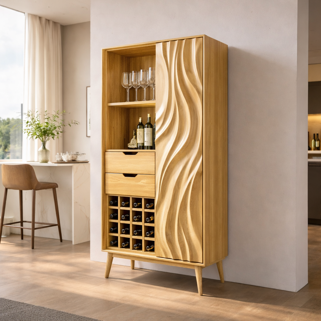 Tall Solid Wood Bar Cabinet with Wine Rack & Sculpted Door – Modern Home Bar Storage