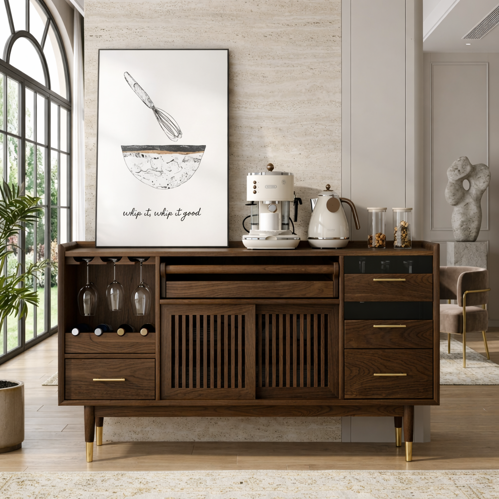Luxury Modern Wooden Coffee Bar Cabinet, Fluted Sideboard with Wineglass Storage