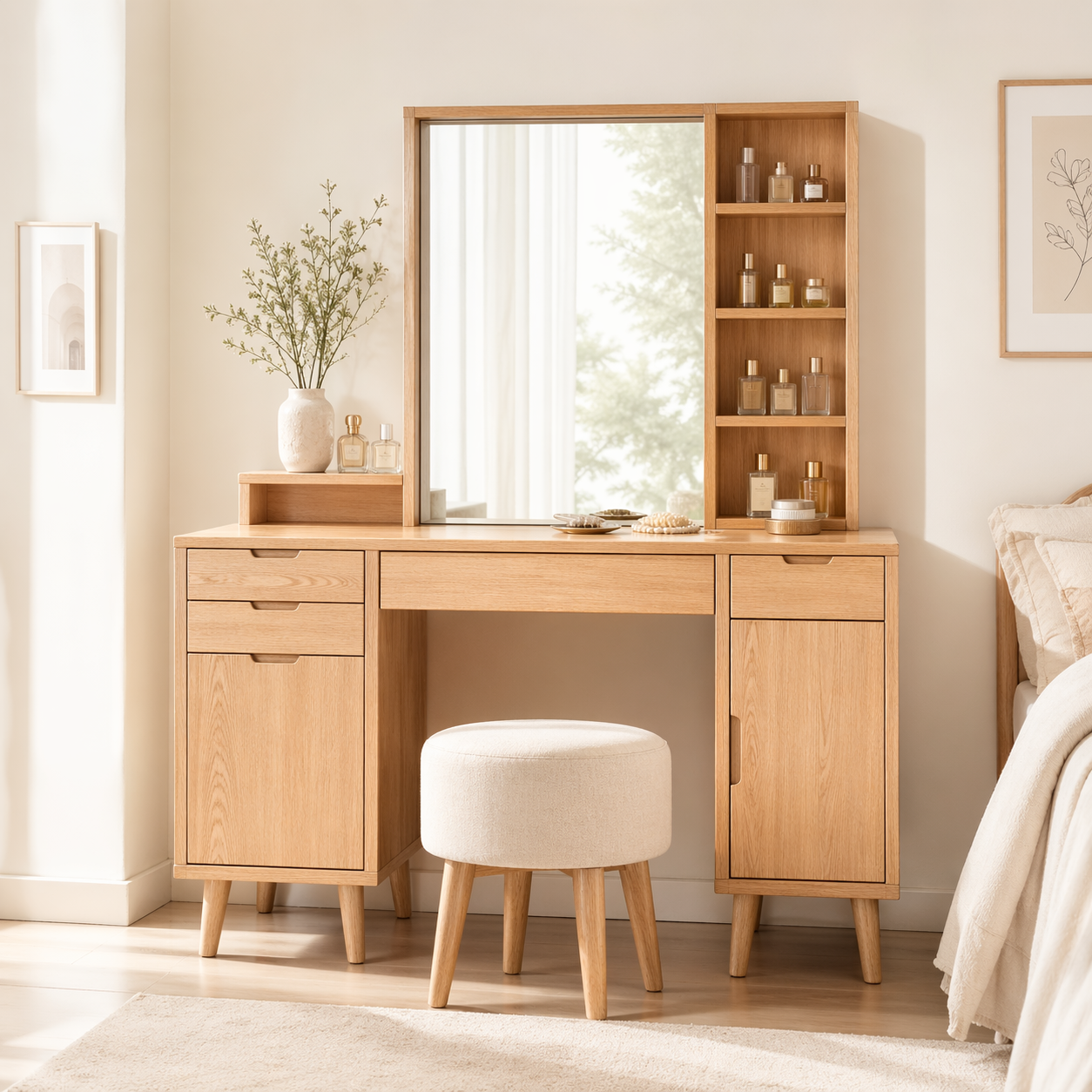 Modern Makeup Vanity Desk With Mirror Storage Shelves Drawers Bedroom Furniture Set