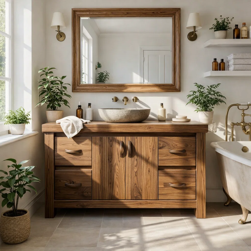 Solid Wood Bathroom Vanity Cabinet with Drawers β Rustic Oak Vanity Base Only