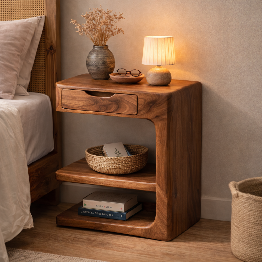 Solid Wood Nightstand with Drawer and Open Shelf – Modern Curved Bedside Table
