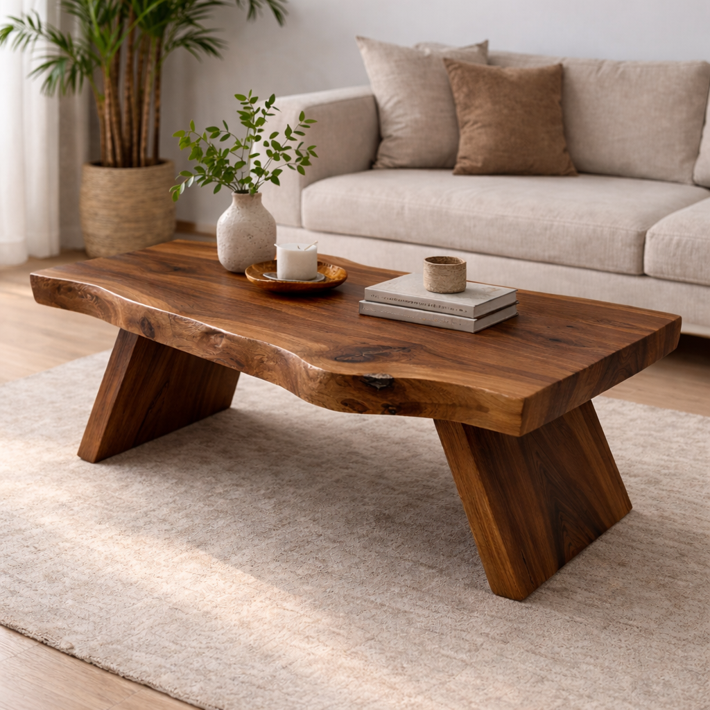 Live Edge Solid Wood Coffee Table with Thick Slab Top – Rustic Modern Living Room Table