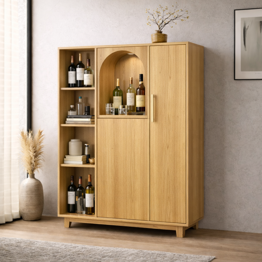 Solid Wood Bar Cabinet with Arched Display Niche and Open Wine Storage Shelf