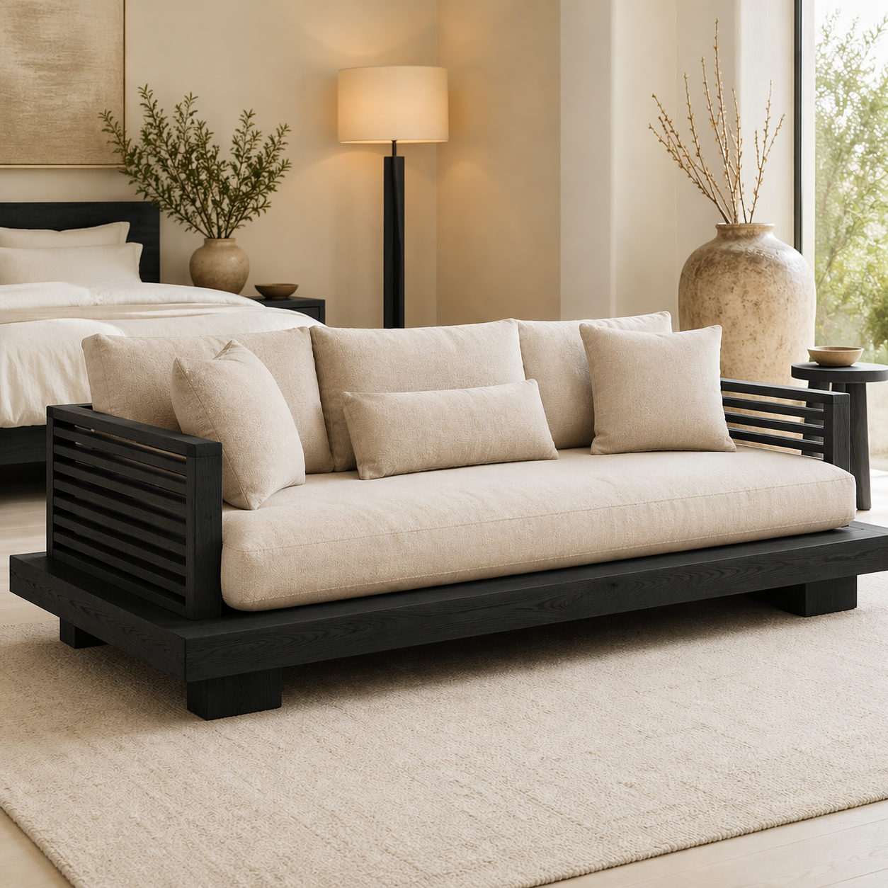 Modern Daybed Sofa with Slatted Arms Upholstered Lounge Bench for Bedroom Decor