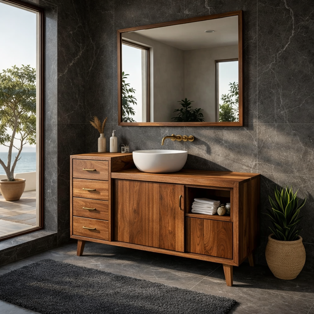 Solid Wood Bathroom Vanity with Drawers & Cabinet Storage β Mid Century Walnut Vanity
