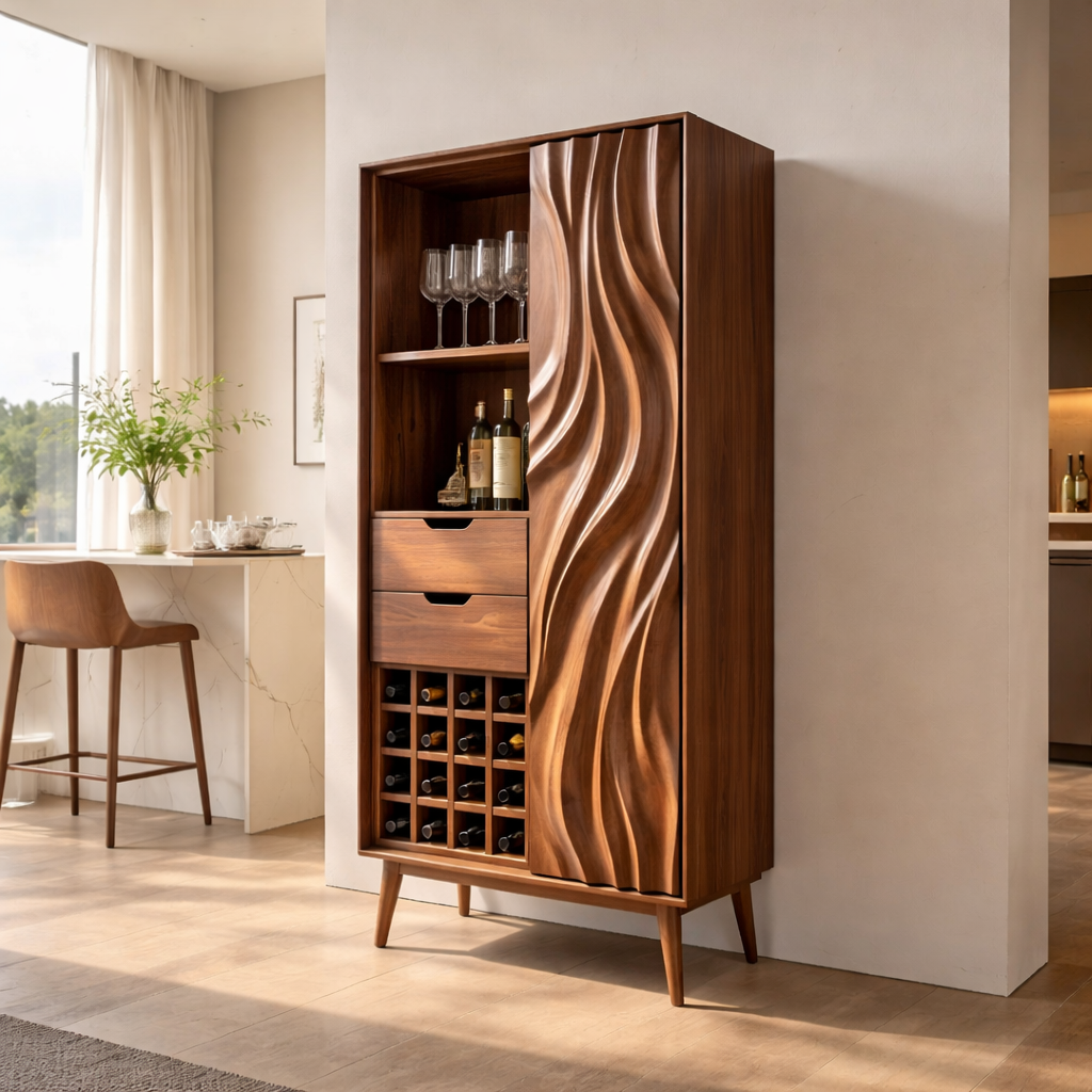 Tall Solid Wood Bar Cabinet with Wine Rack & Sculpted Door – Modern Home Bar Storage