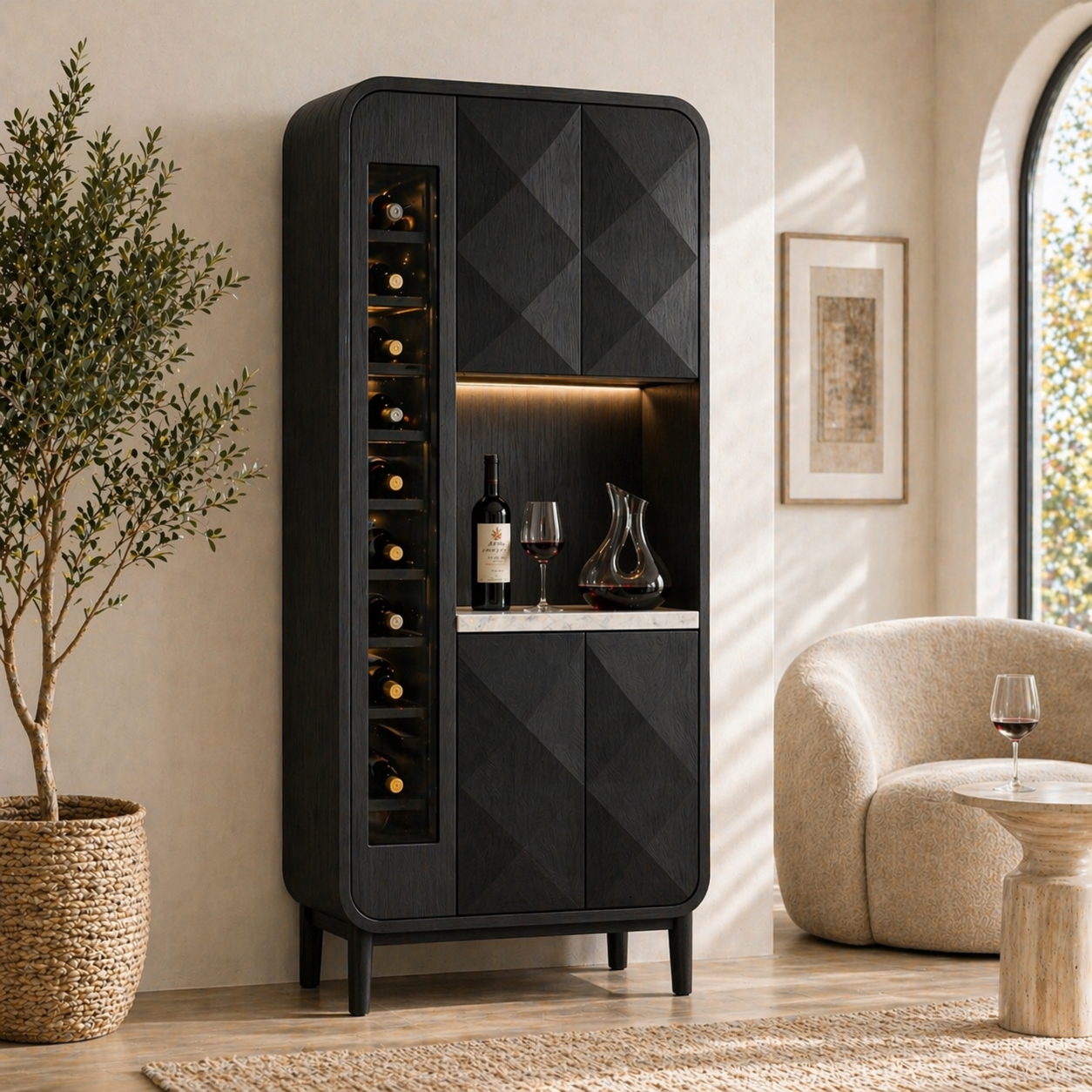 Modern Tall Wine Cabinet Bar Storage Display Shelves Freestanding Entertaining Furniture