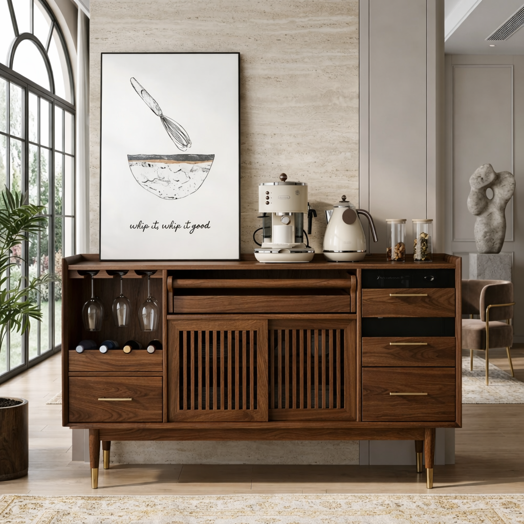 Luxury Modern Wooden Coffee Bar Cabinet, Fluted Sideboard with Wineglass Storage