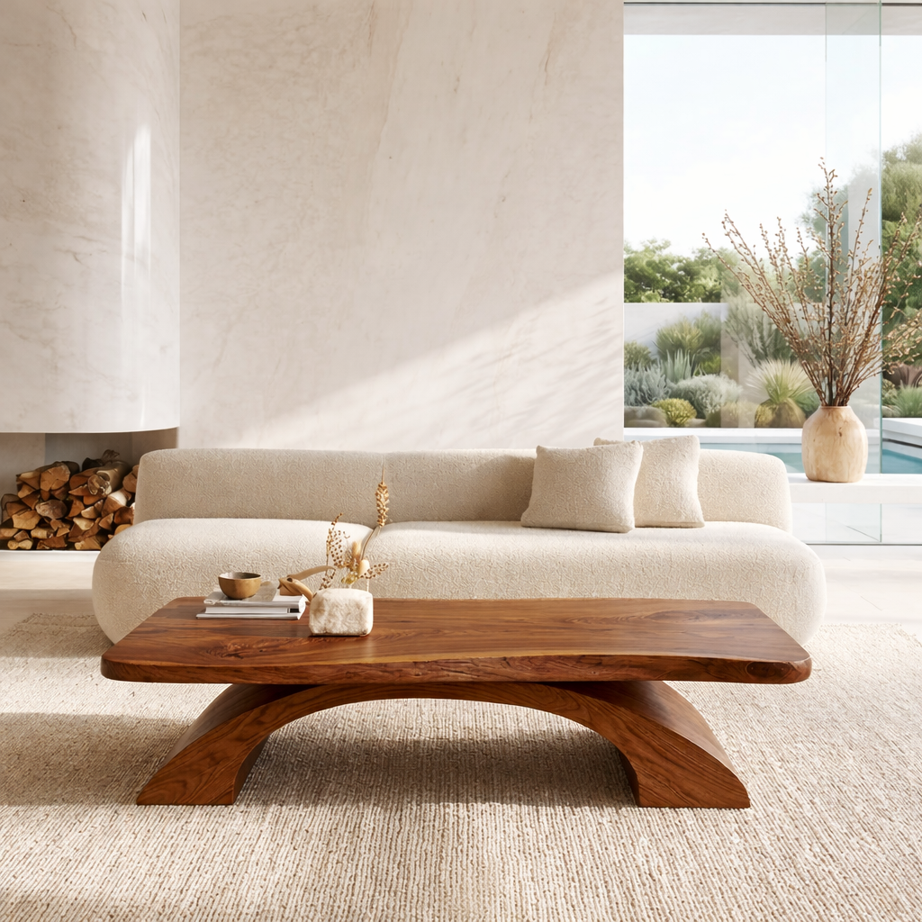 Organic Sculptural Coffee Table with Curved Base, Modern Minimalist Living Room Table