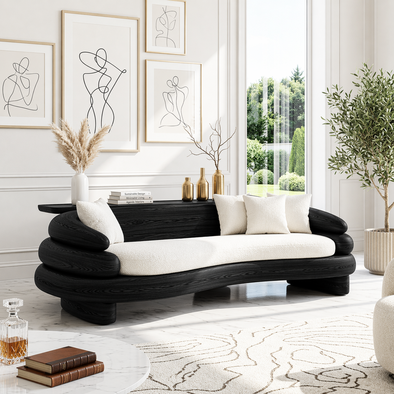Organic Modern Wooden Sofa, Sculptural Curved Statement Couch with Cream Cushions