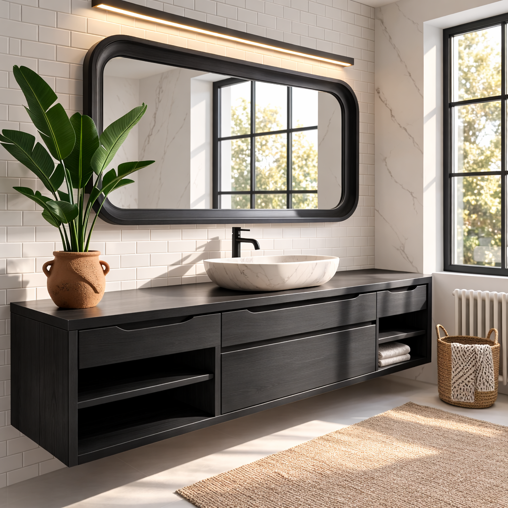 Oak Floating Vanity with Modern Design, Spacious Storage, and Sleek Marble Basin Kitchnce