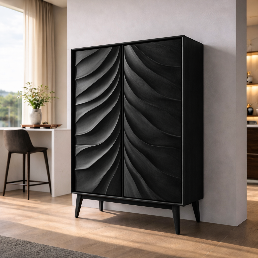 Solid Wood Bar Cabinet with Sculpted Wave Doors – Modern Mid Century Liquor Storage