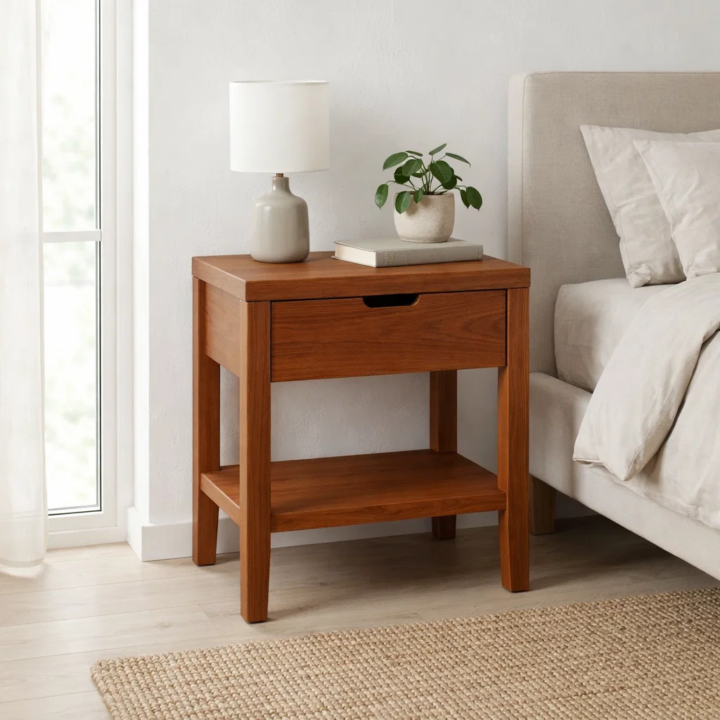 Solid Oak Nightstand with Drawer & Shelf – Modern Wooden Bedside Table