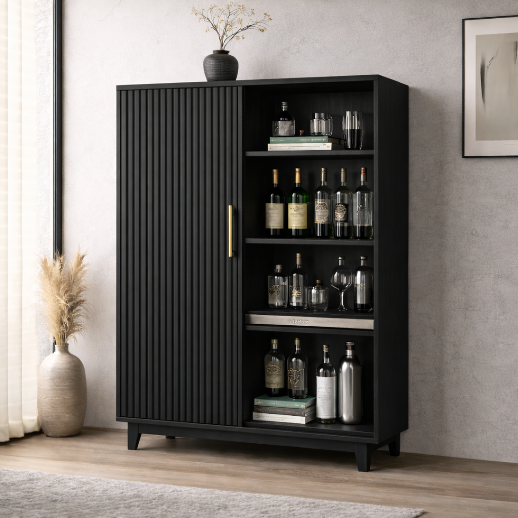 Solid Wood Bar Cabinet with Fluted Door and Open Wine Storage Shelves