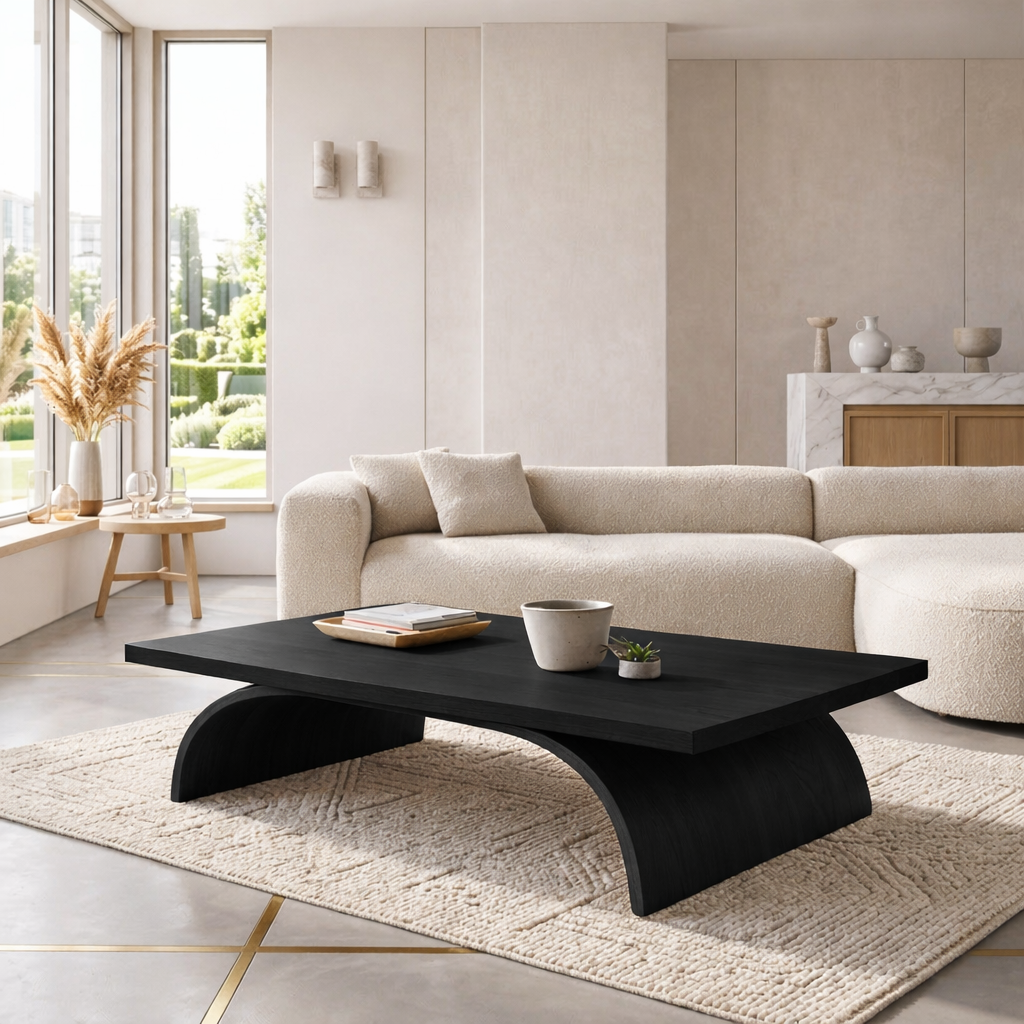 Modern Sculptural Coffee Table with Curved Base, Minimalist Living Room Centerpiece
