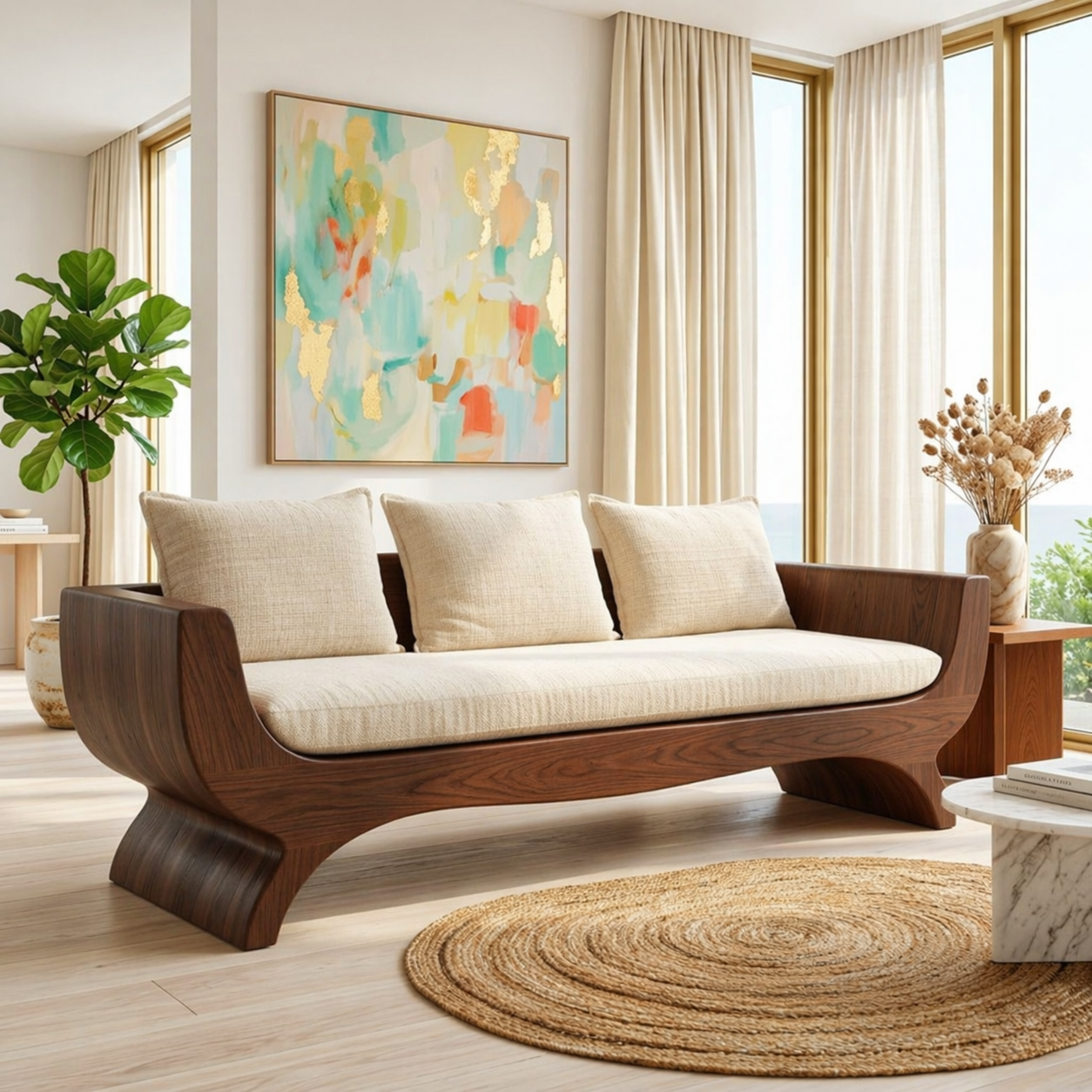 Modern Upholstered Curved Sofa, Sculptural Accent Seating for Elegant Home Interiors