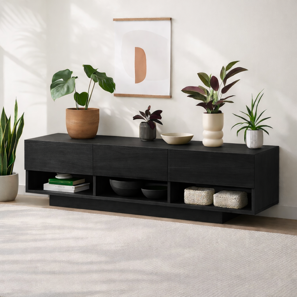 Modern Solid Wood Console Table, Minimalist Media Console Cabinet with Open Storage Shelves Kitchnce