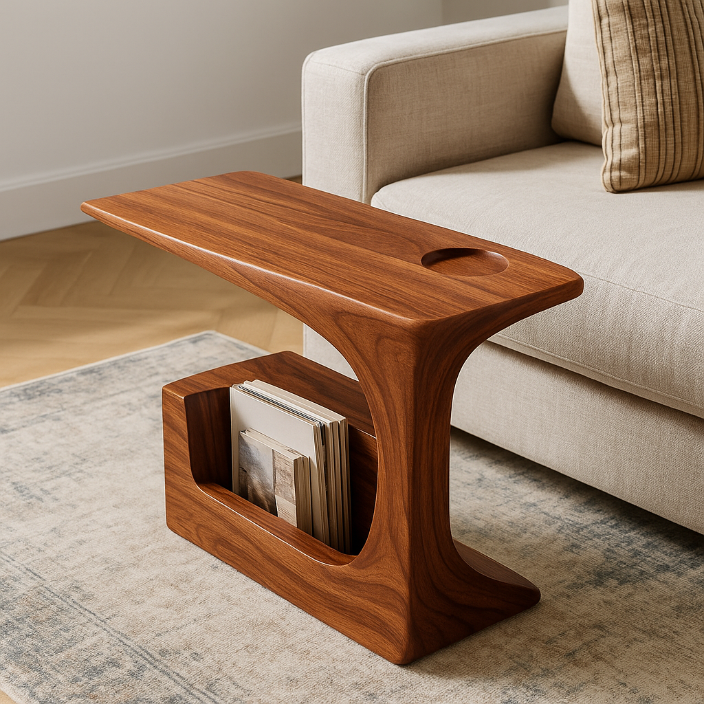Solid Wood Sofa Armrest Table with Cup Holder and Magazine Rack Side Table