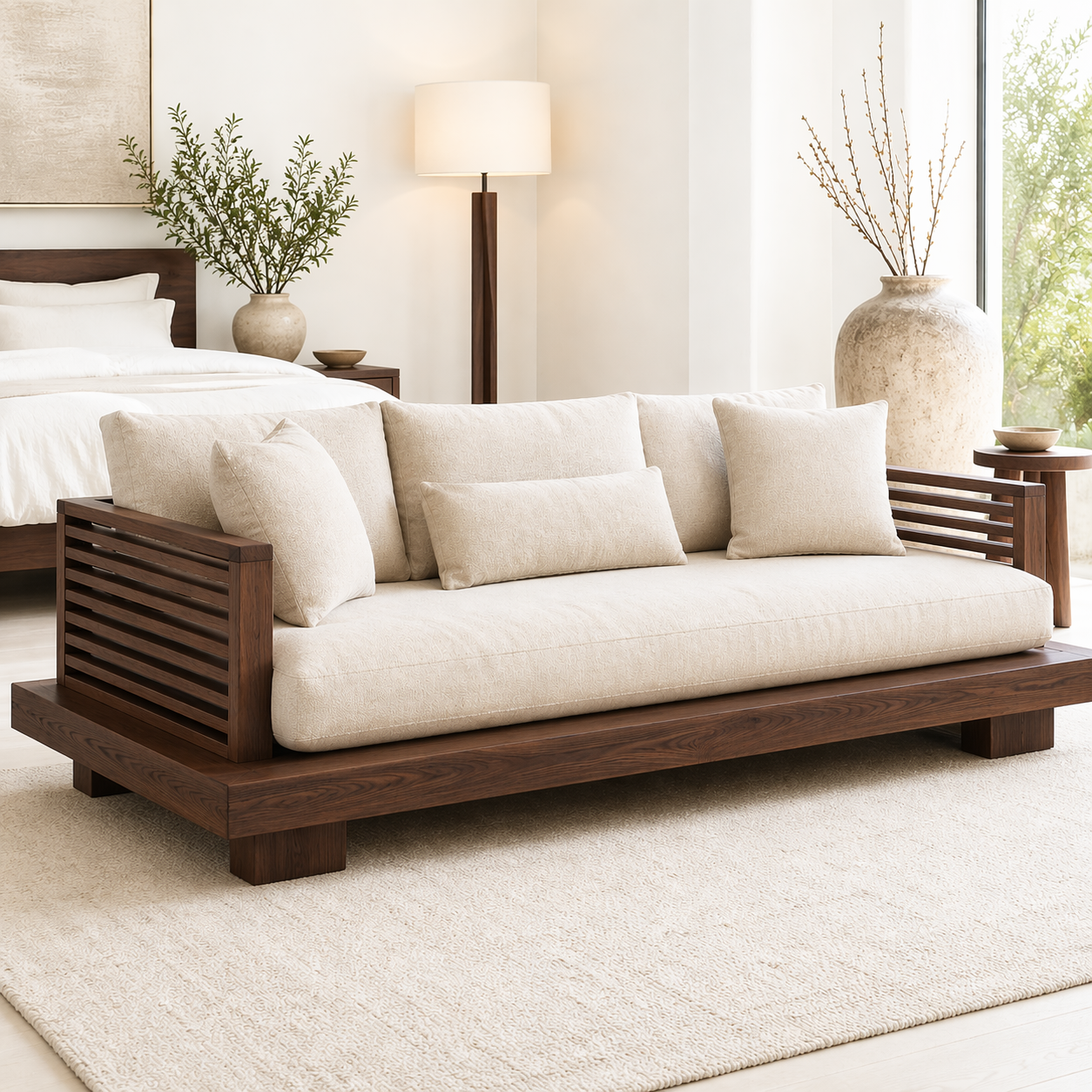 Modern Daybed Sofa with Slatted Arms Upholstered Lounge Bench for Bedroom Decor