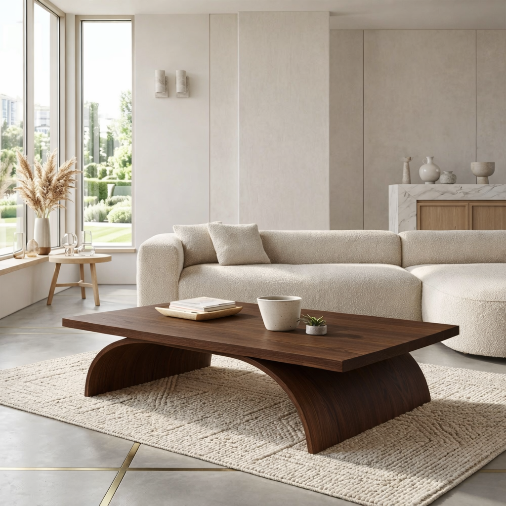 Modern Sculptural Coffee Table with Curved Base, Minimalist Living Room Centerpiece