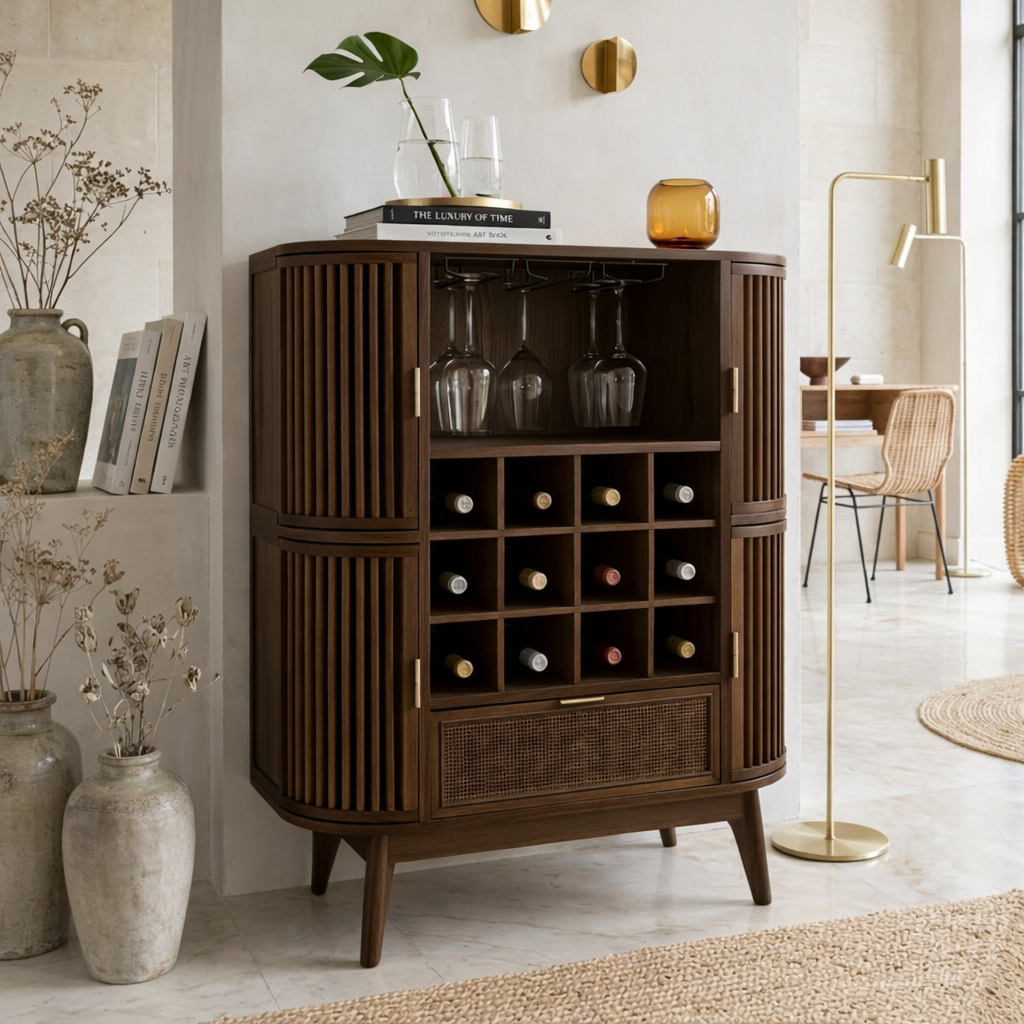Contemporary Wooden Bar Cabinet, Fluted Entertaining Console with Glassware Storage