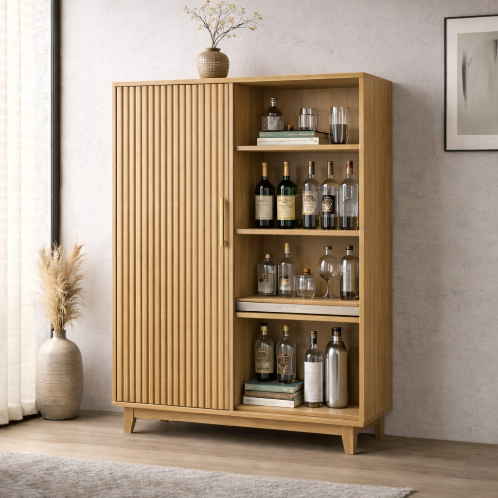 Solid Wood Bar Cabinet with Fluted Door and Open Wine Storage Shelves