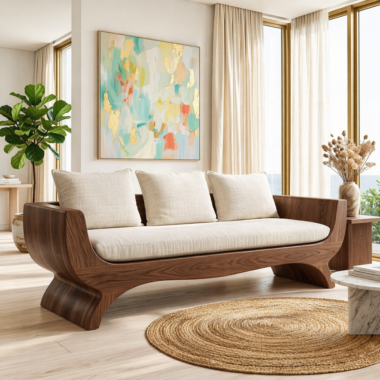 Modern Upholstered Curved Sofa, Sculptural Accent Seating for Elegant Home Interiors