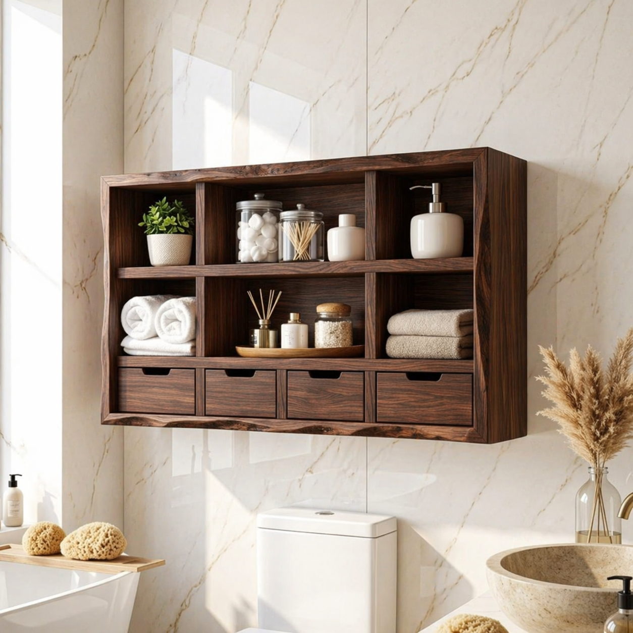 Floating Bathroom Cabinet, Wall Mounted Vanity Organizer With Drawers and Shelves