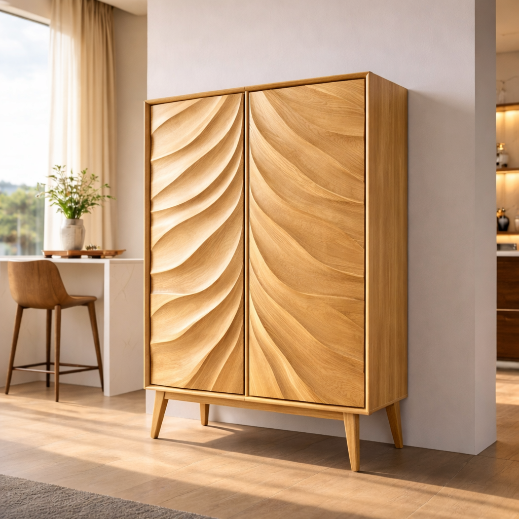 Solid Wood Bar Cabinet with Sculpted Wave Doors – Modern Mid Century Liquor Storage