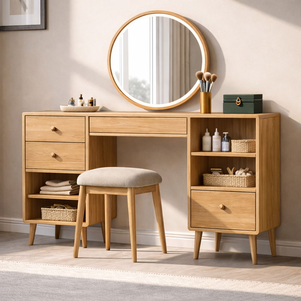 Solid Wood Makeup Vanity with Storage – Modern Mid-Century Design