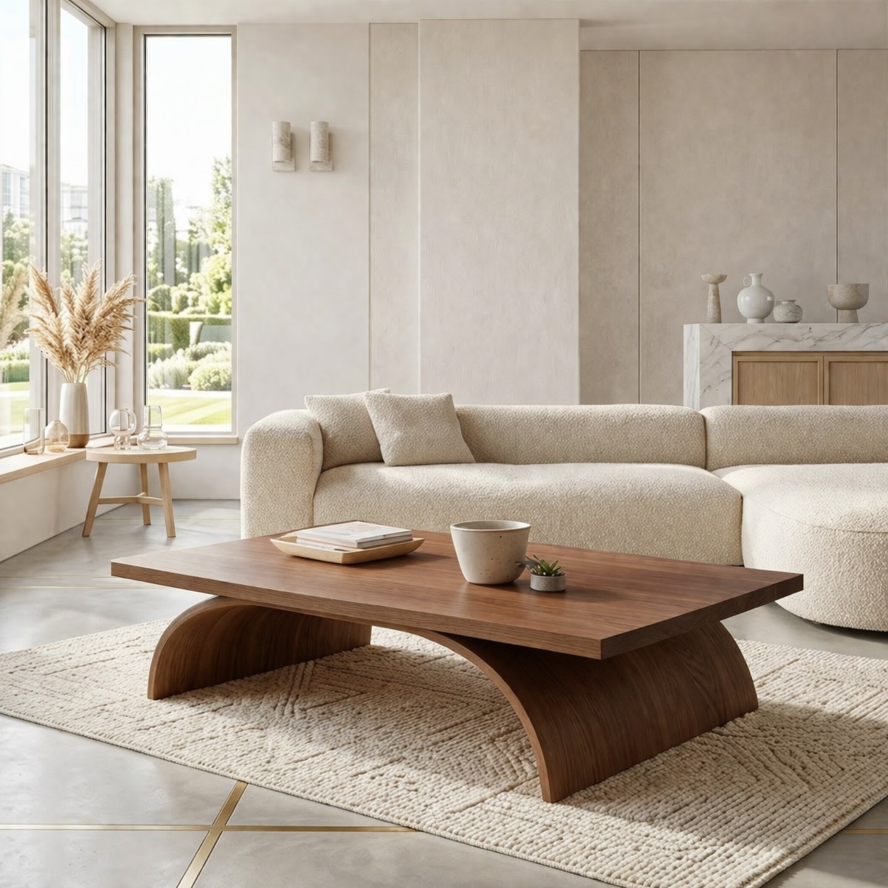 Modern Sculptural Coffee Table with Curved Base, Minimalist Living Room Centerpiece