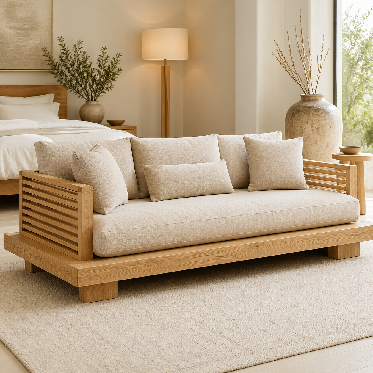 Modern Daybed Sofa with Slatted Arms Upholstered Lounge Bench for Bedroom Decor