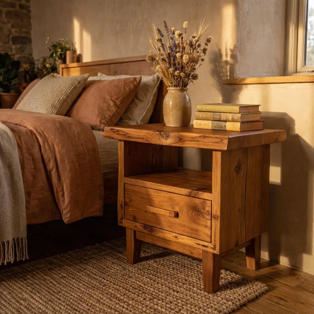 Rustic Solid Wood Nightstand with Drawer & Shelf – Farmhouse Bedside Table