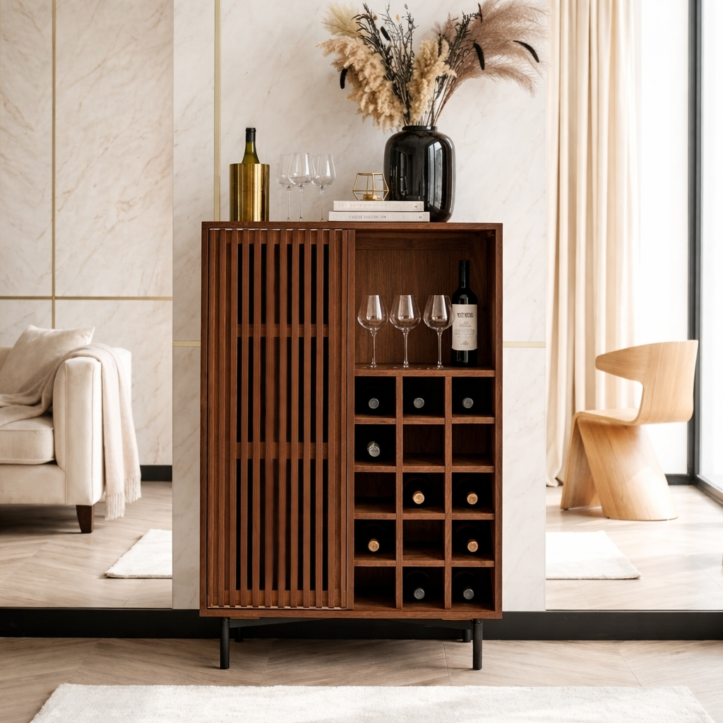 Premium Modern Fluted Wooden Bar Cabinet, Wine Storage Glassware Display Console