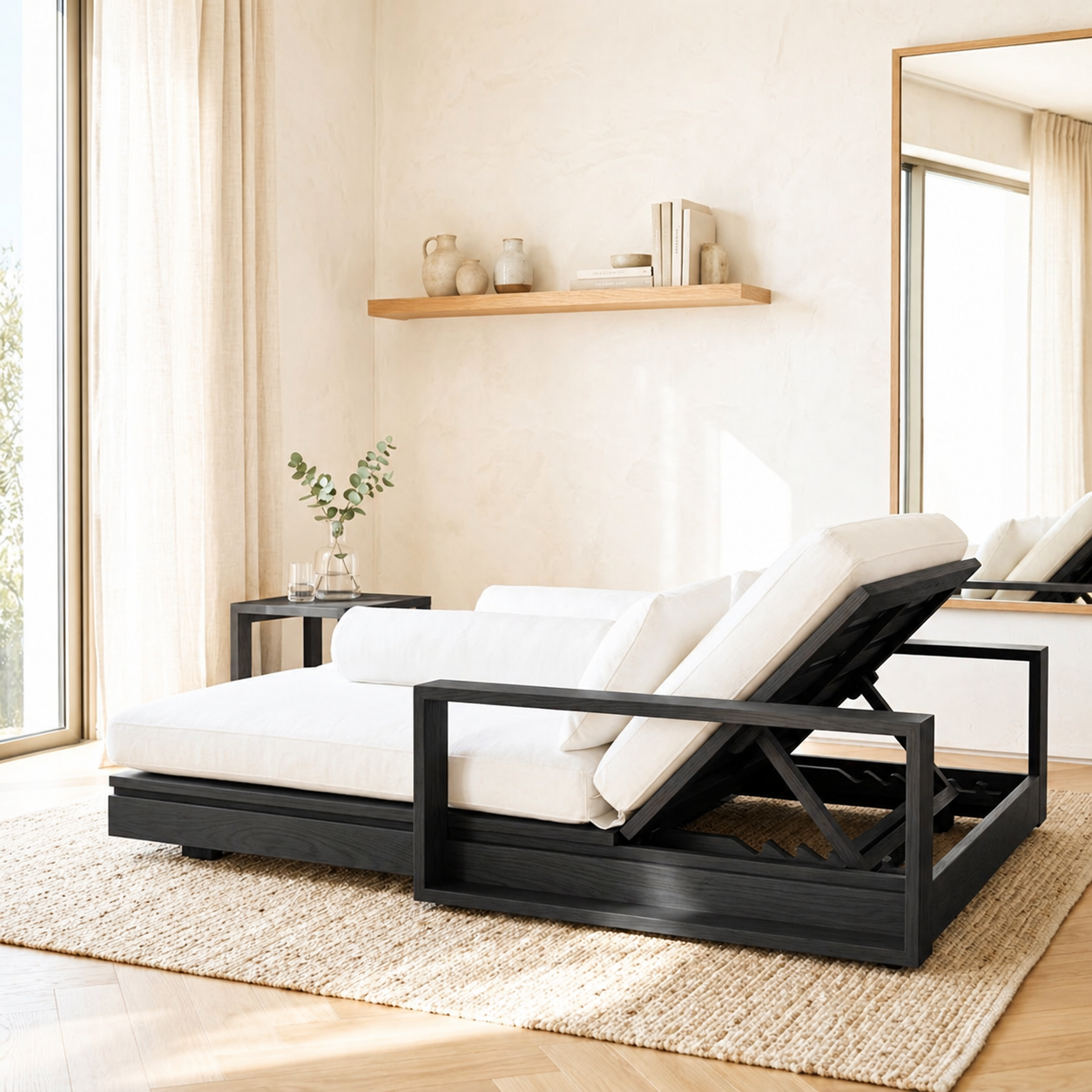 Adjustable Upholstered Daybed With Reclining Backrest, White Cushions, Lounge Chaise