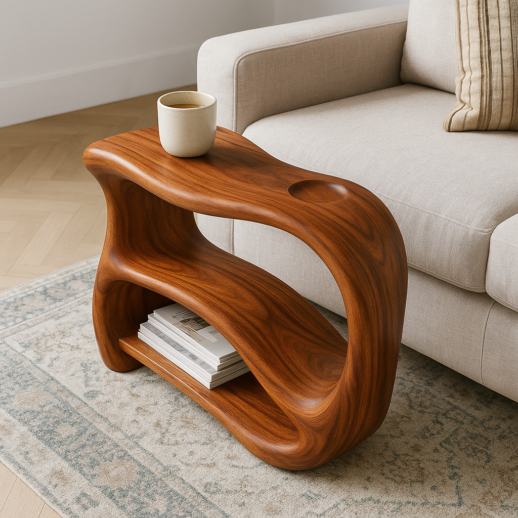 Solid Wood Sofa Armrest Table with Cup Holder and Storage Shelf for Couch Side