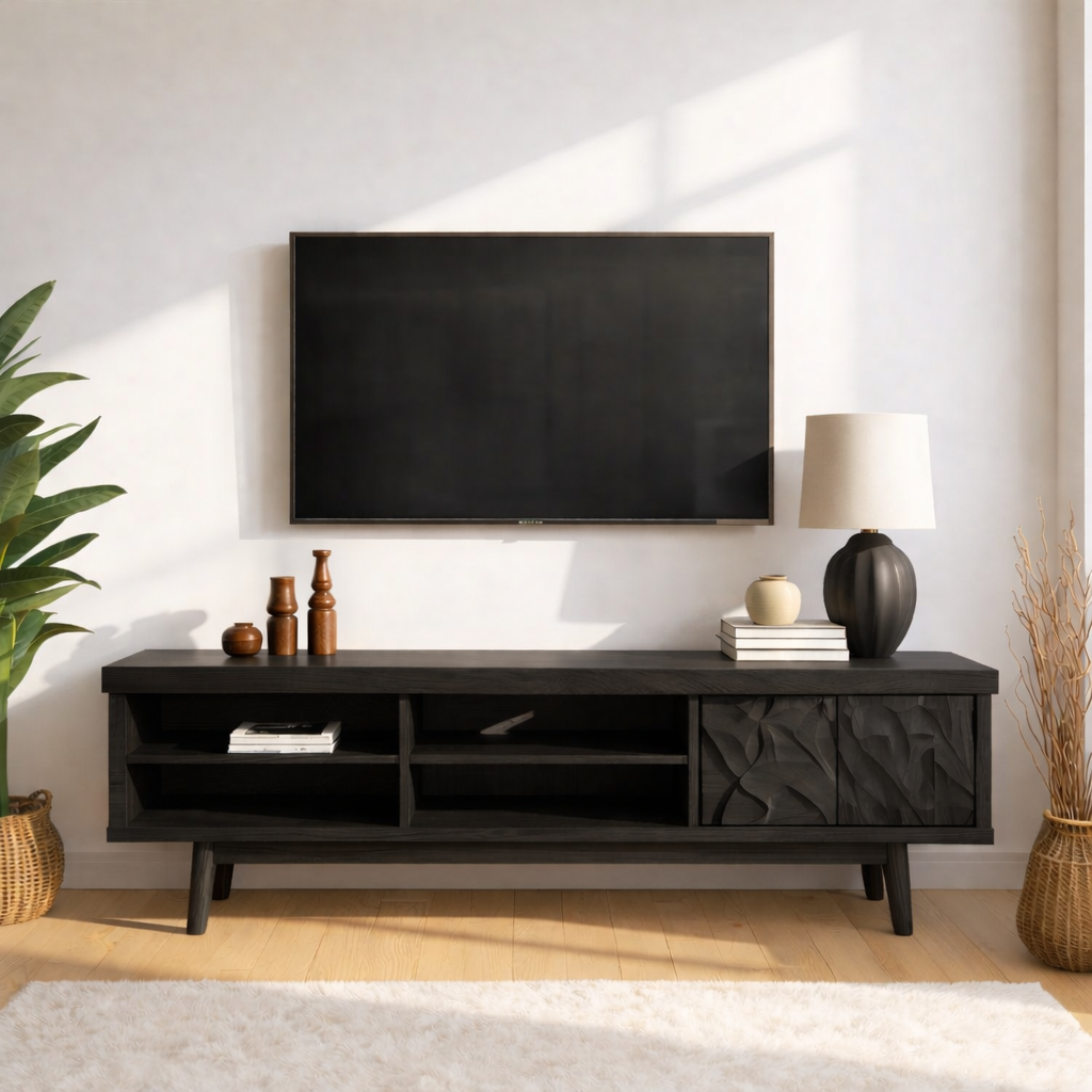 Mid Century Solid Wood TV Stand Carved Media Console Modern Entertainment Center Cabinet Kitchnce