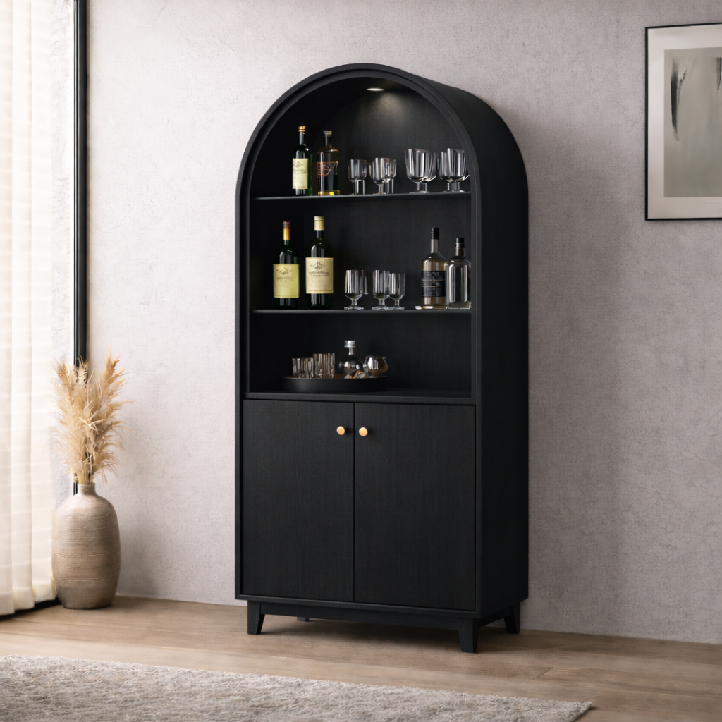 Solid Wood Arched Bar Cabinet with Glass Shelves – Mid-Century Modern Wine Storage