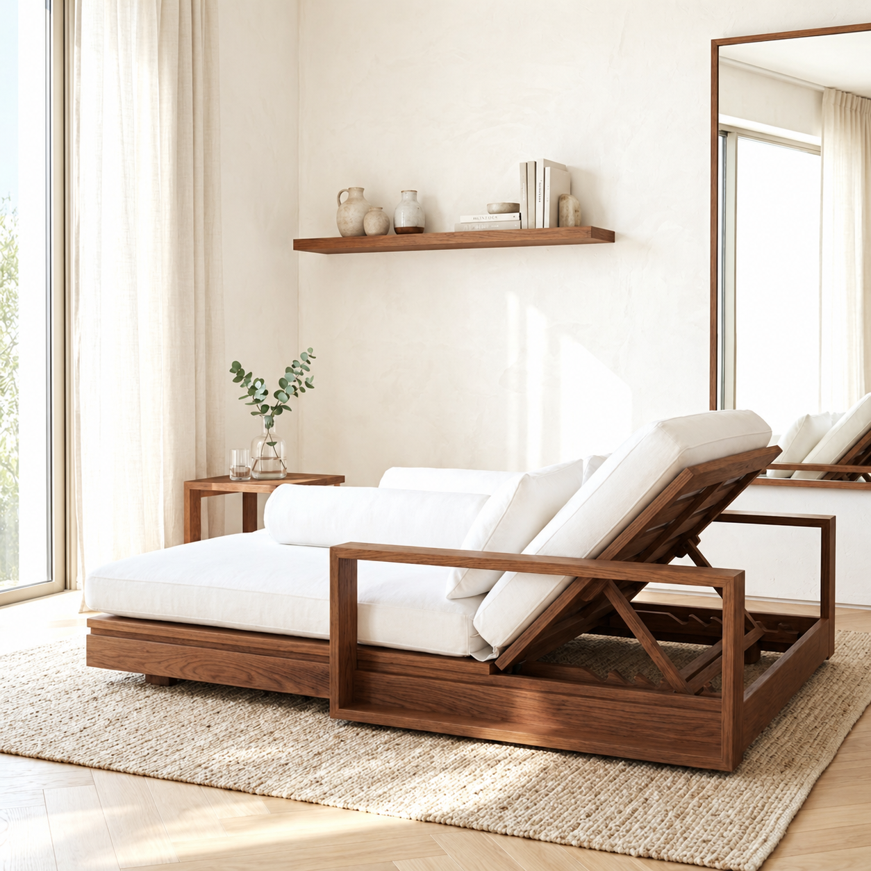 Adjustable Upholstered Daybed With Reclining Backrest, White Cushions, Lounge Chaise