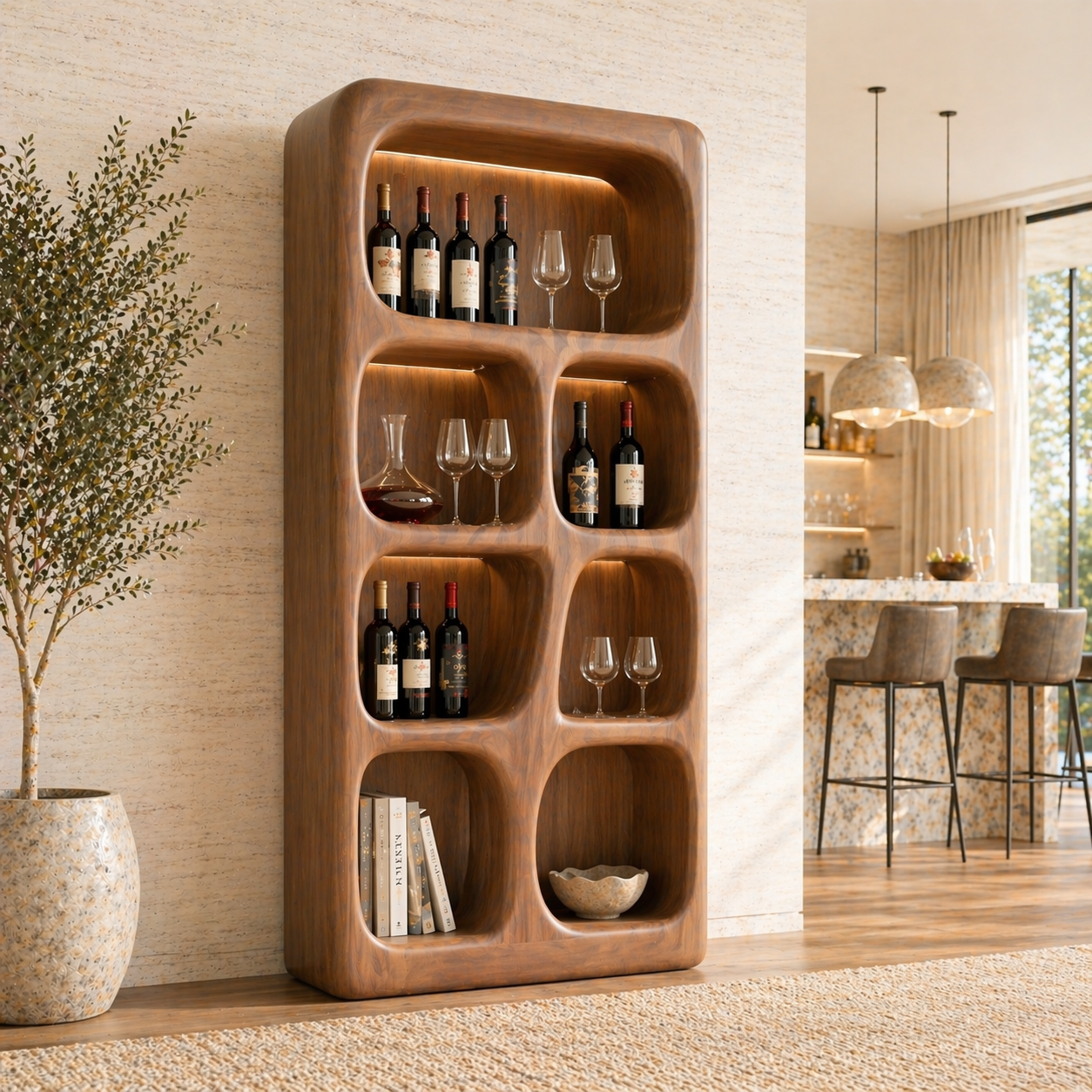 Sculptural Tall Wine Cabinet Freestanding Bar Display Shelves Modern Storage Unit